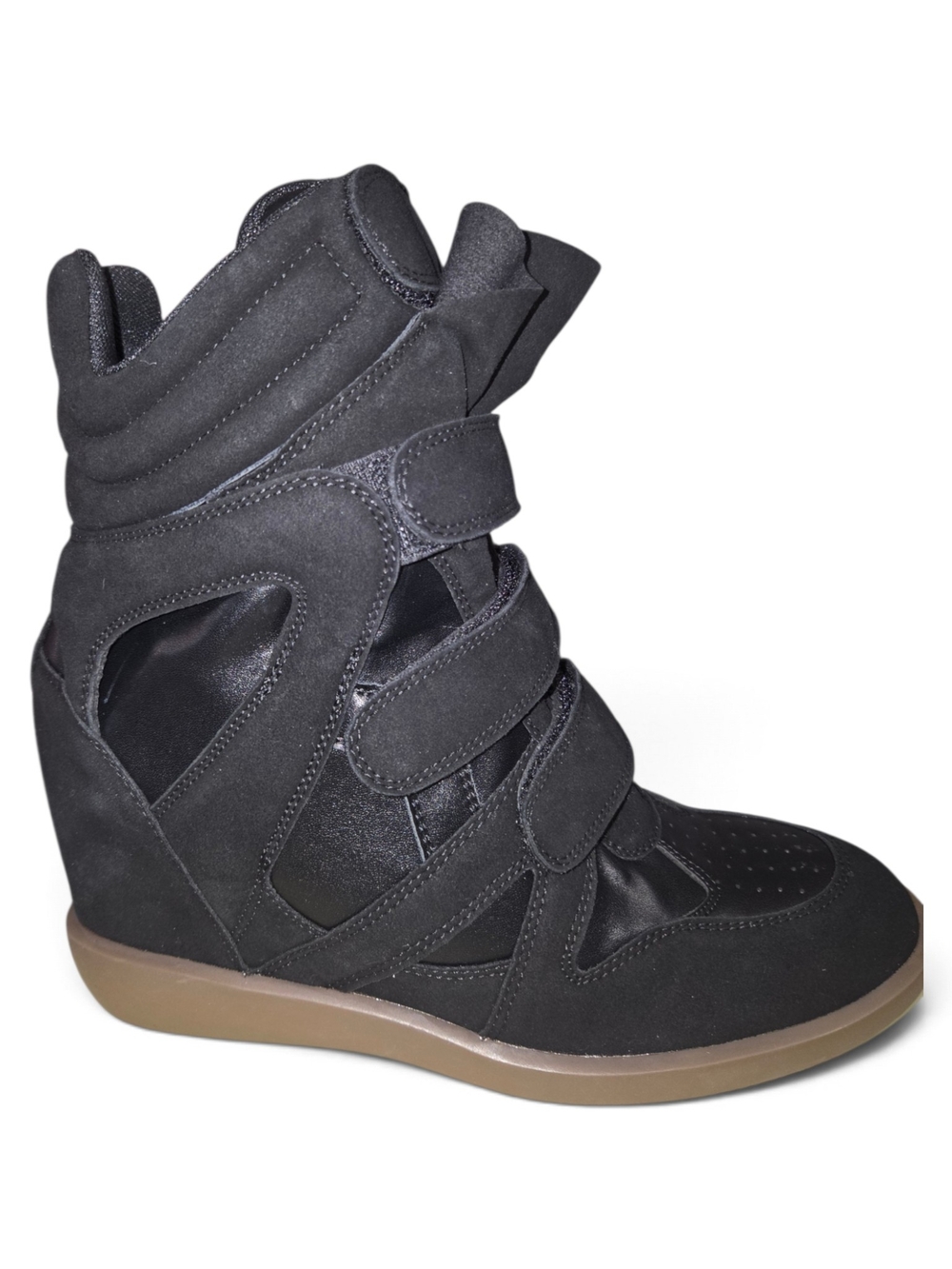 Source Unknown Black Wedge High-Top Velcro Sneakers with Gum Sole
